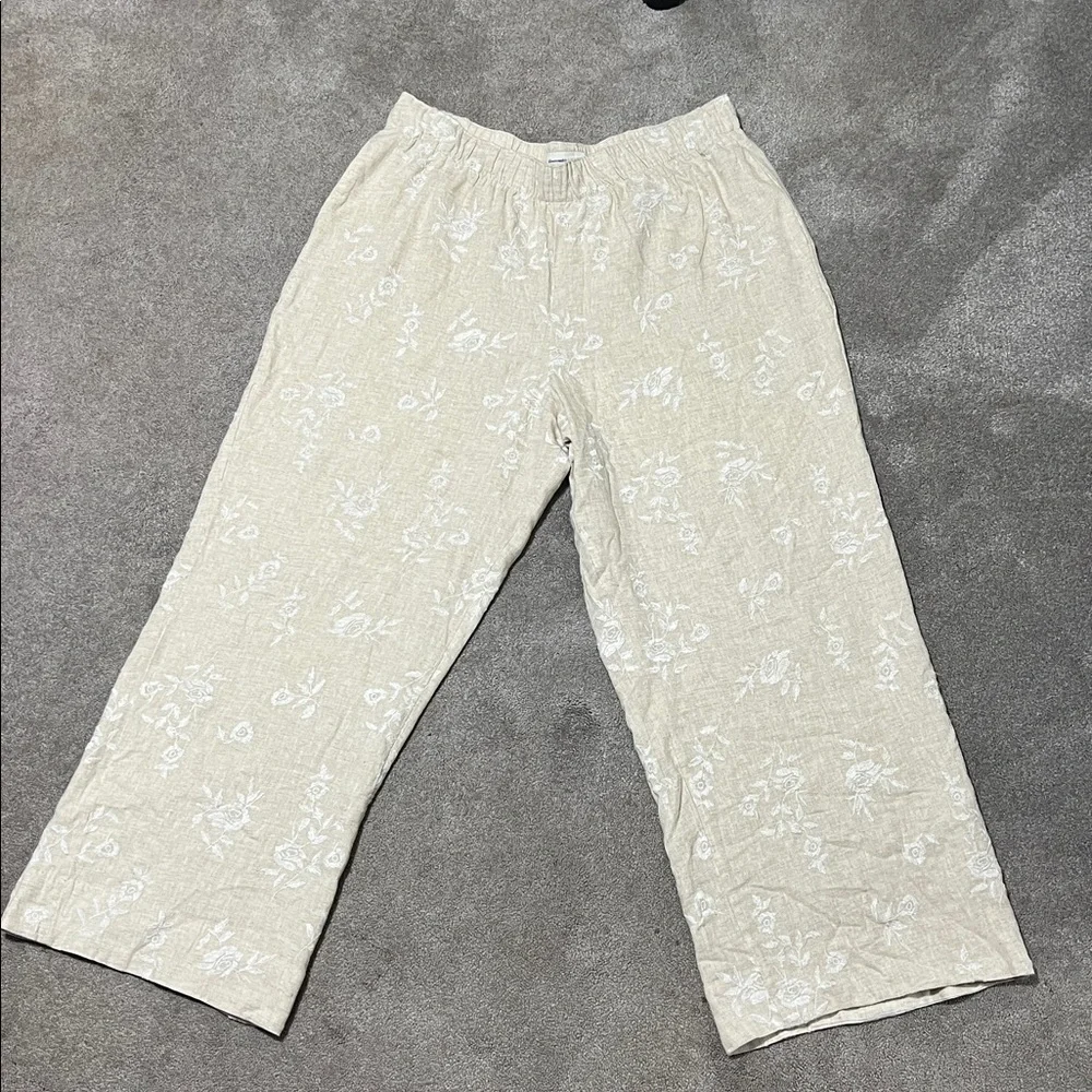 Abercrombie & Fitch Linen Blend Embroidered Wide Leg Pants Beige Size XL - Picture 4 of 8
